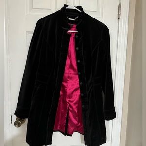 White House Black Market Velvet Black Ruffle Military Coat Size Small